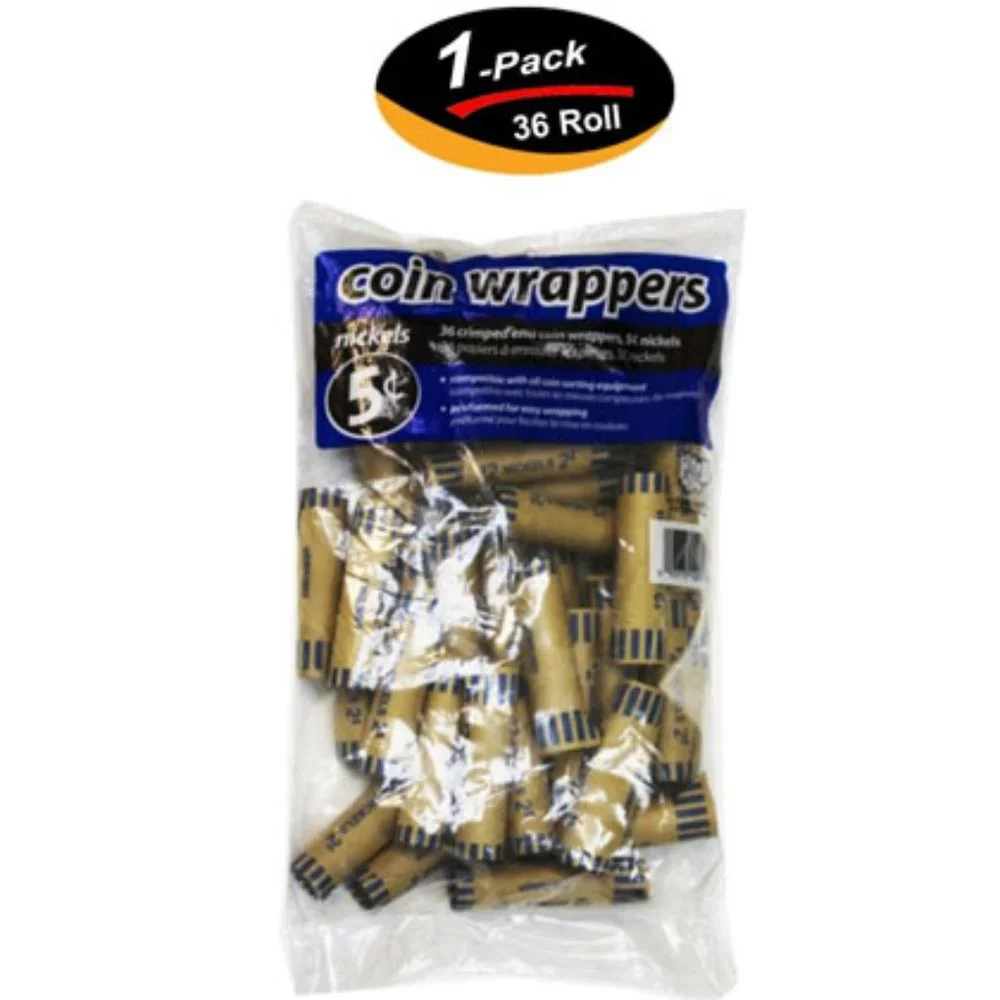 36 ROLLS PREFORMED NICKELS COIN WRAPPERS TUBES 5 CENTS (Holds $2 Each) (1 Pack)